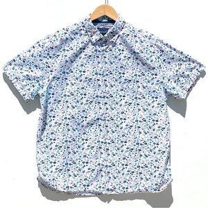 DENIM & FLOWER Men’s Red and Blue Mini Floral Print Button front Short Sleeve XL